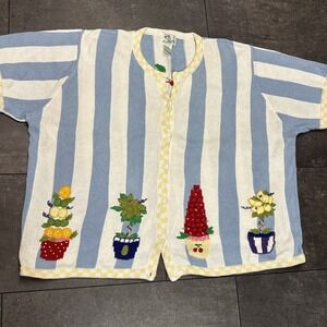 The Quacker Factory Short Sleeve Cardigan Sweater Womens XXXL White Blue Retro
